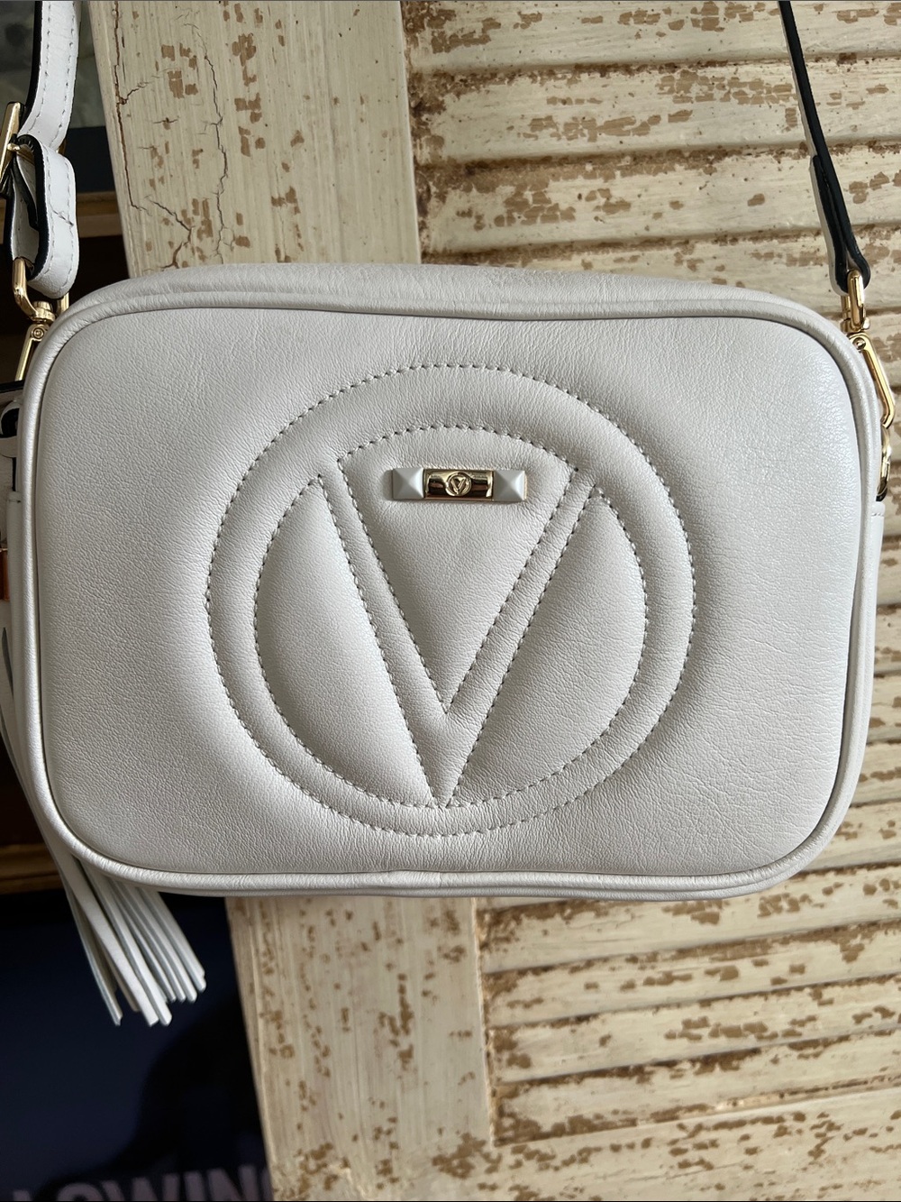 Valentino White Leather V-Emblem Crossbody with Gold Accent